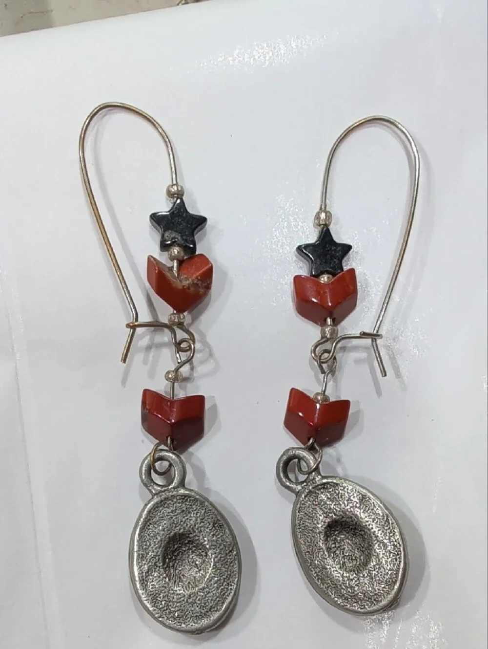 Red Bead Dangle Earrings with Silver-Tone Cowboy Hats